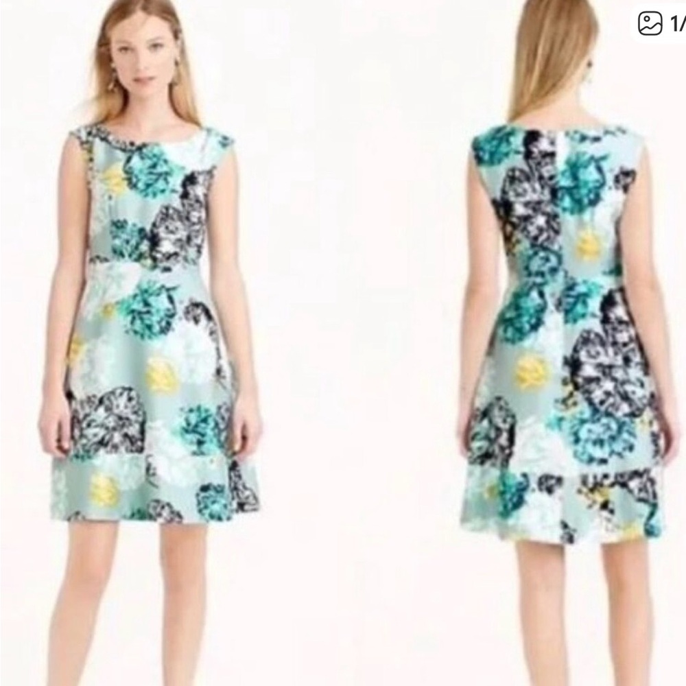 J. Crew 100% Silk Floral Jacquard Fit & Flare Dress - Mint/Blue/Yellow - Size 2